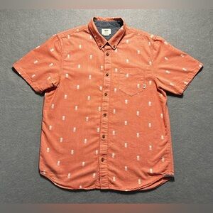 VANS Men’s Button Down Shirt Medium Coral Pineapple Skulls Cotton Short Sleeve